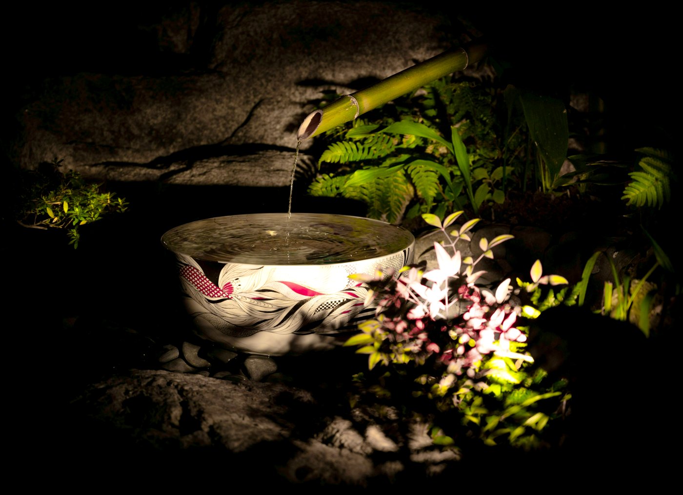 Calm water fountain in a peaceful garden